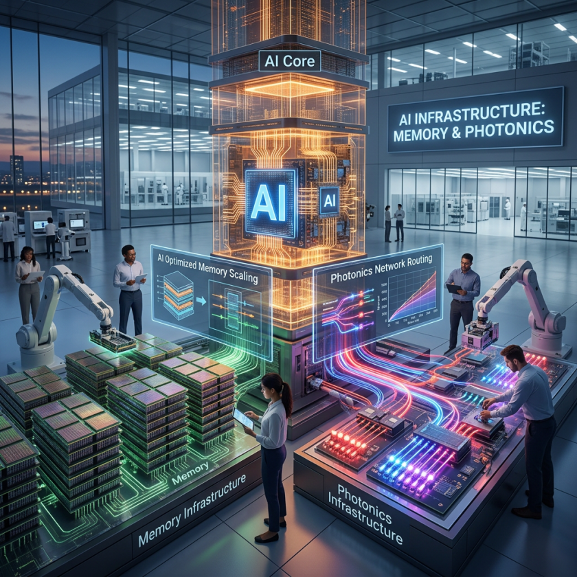 Laboratory with engineers interacting with AI memory and photonics infrastructure systems