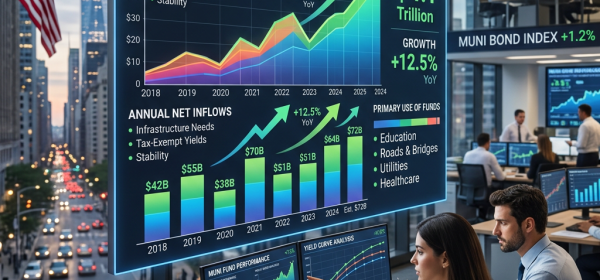 Analysts analyzing municipal bonds market growth charts and investment flow data on multiple monitors in modern office