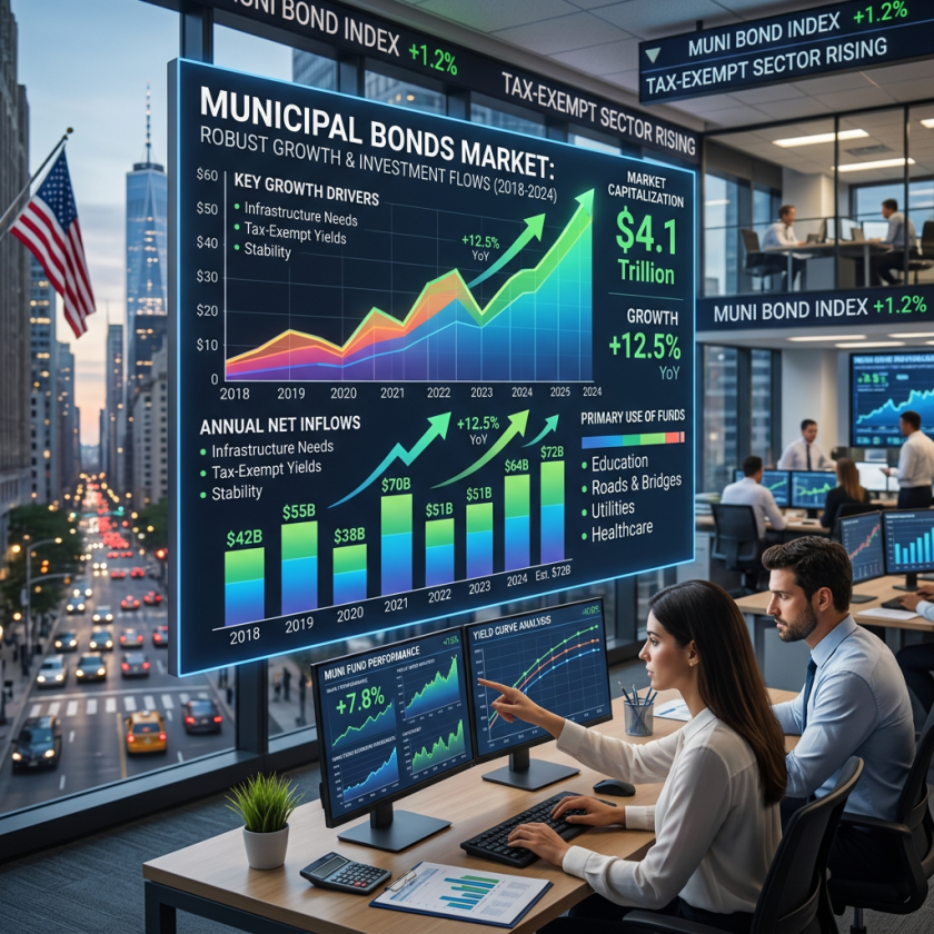 Analysts analyzing municipal bonds market growth charts and investment flow data on multiple monitors in modern office