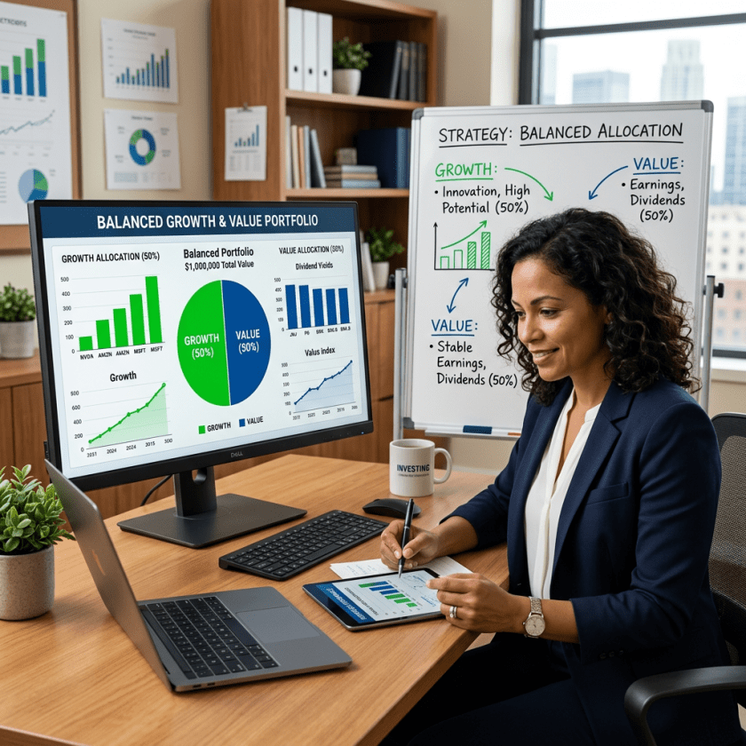 Financial analyst analyzing balanced portfolio with growth and value allocations on computer and whiteboard