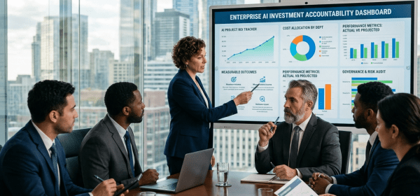 Business professionals in suits discussing AI investment dashboard in a conference room