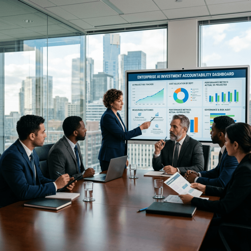 Business professionals in suits discussing AI investment dashboard in a conference room