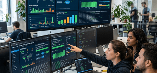 Three software engineers discussing and analyzing software delivery dashboards on multiple monitors