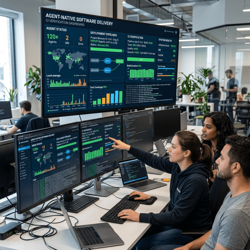 Three software engineers discussing and analyzing software delivery dashboards on multiple monitors