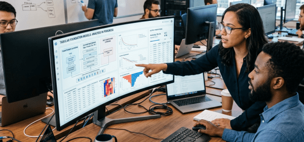 Two coworkers reviewing data charts and graphs on a wide computer screen in an office