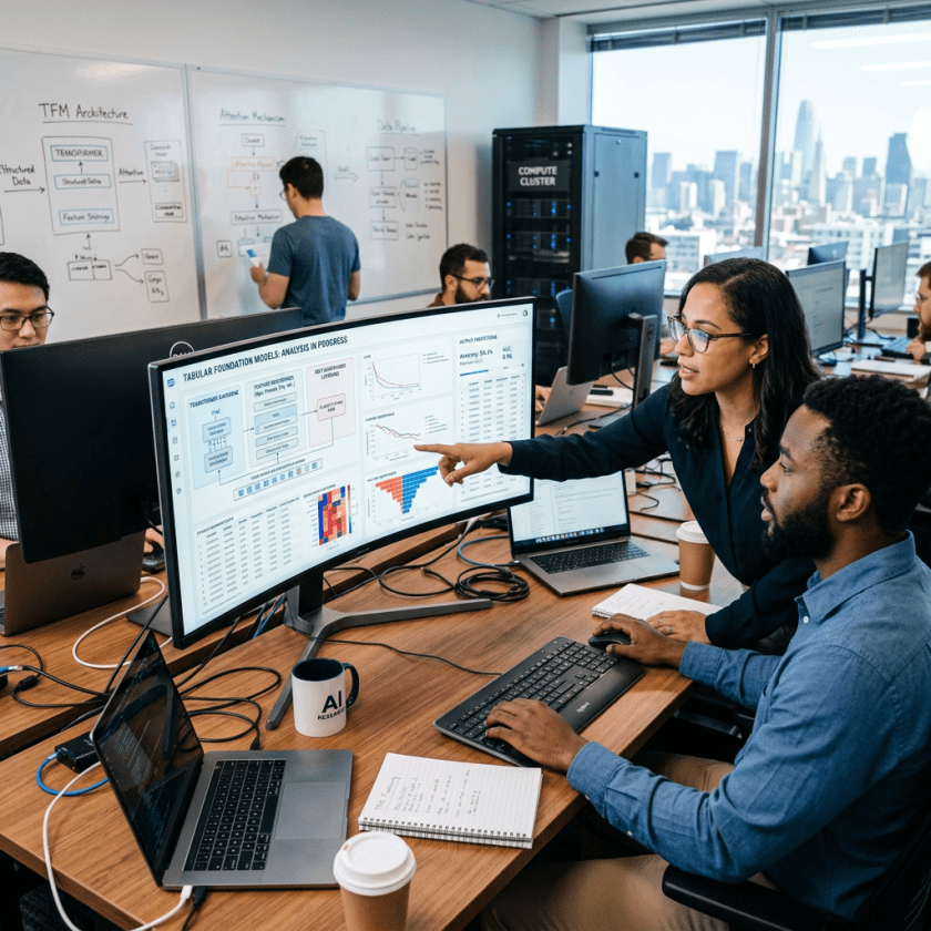 Two coworkers reviewing data charts and graphs on a wide computer screen in an office