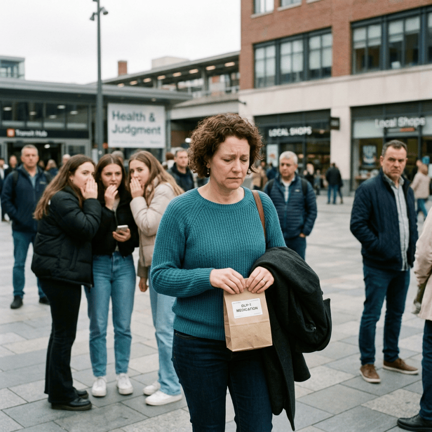 Woman holding a medication paper bag with a coat, people whispering behind her in a city square