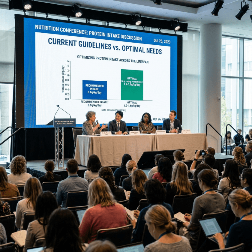 Panelists discussing protein intake guidelines versus optimal needs with bar chart