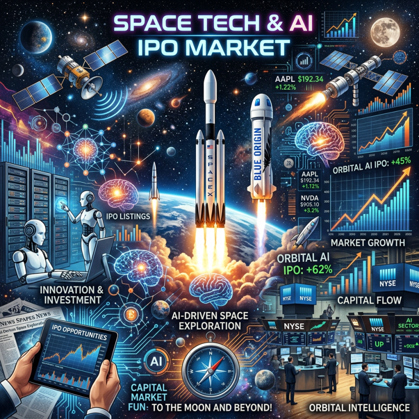 Space rockets launching with AI-driven market charts, robots working, and IPO growth data