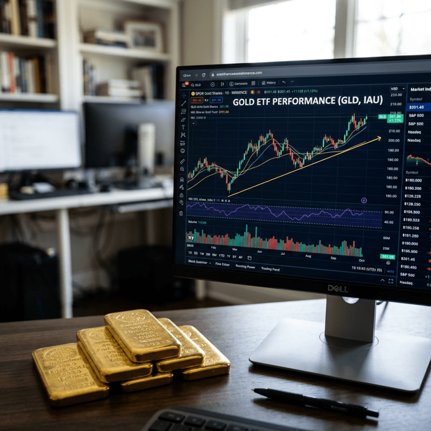 Computer monitor showing Gold ETF performance chart with upward trend lines and physical gold bars on desk