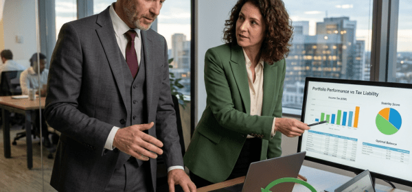 Two office workers reviewing portfolio performance versus tax liability charts