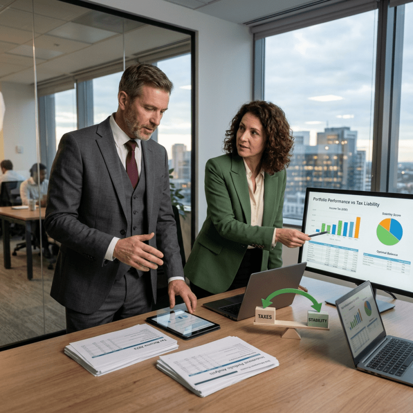 Two office workers reviewing portfolio performance versus tax liability charts