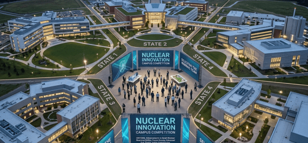 Group of people attending Nuclear Innovation Campus Competition at campus plaza with large display screens