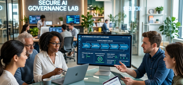 Team discussing AI governance beside a Secure AI Governance Lab sign