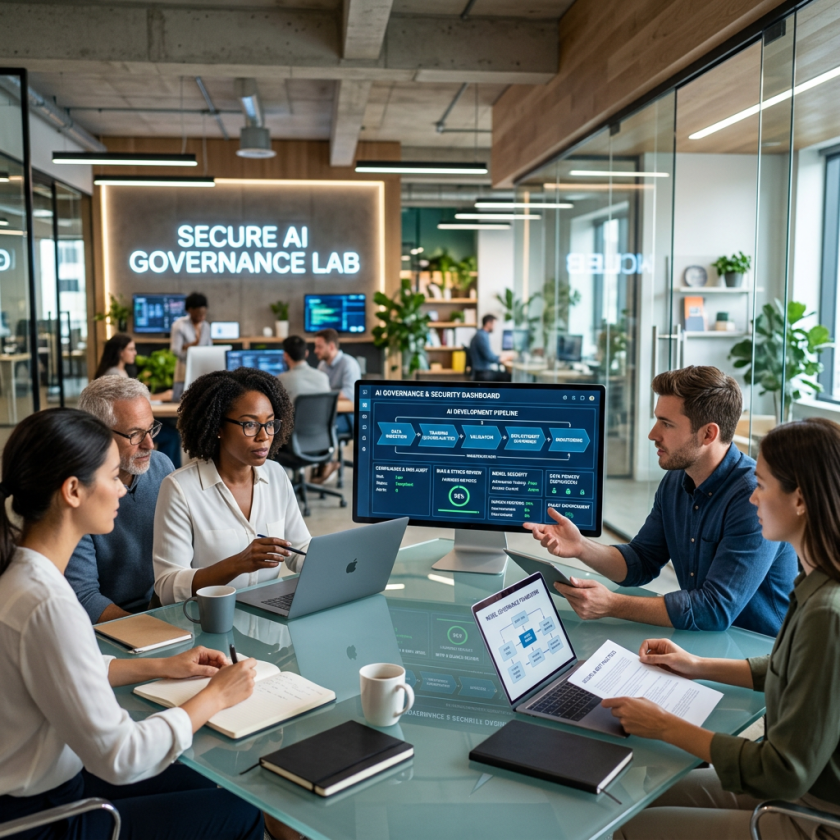 Team discussing AI governance beside a Secure AI Governance Lab sign