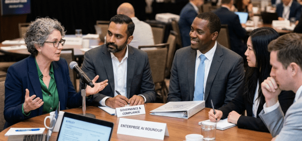 Business professionals discussing enterprise AI governance around a conference table