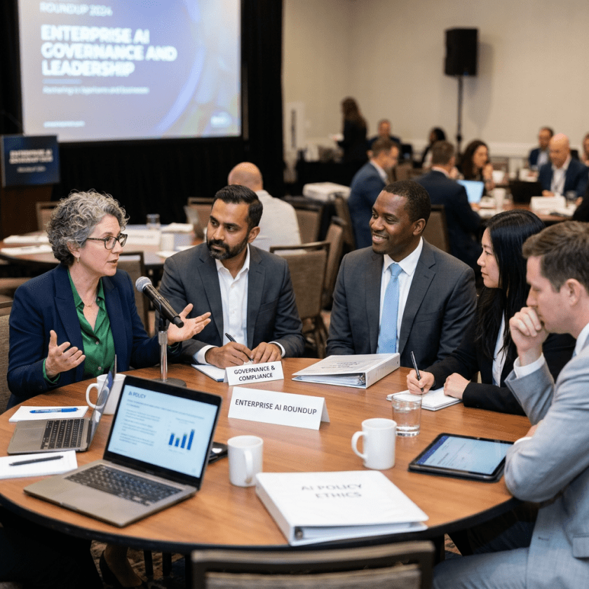 Business professionals discussing enterprise AI governance around a conference table
