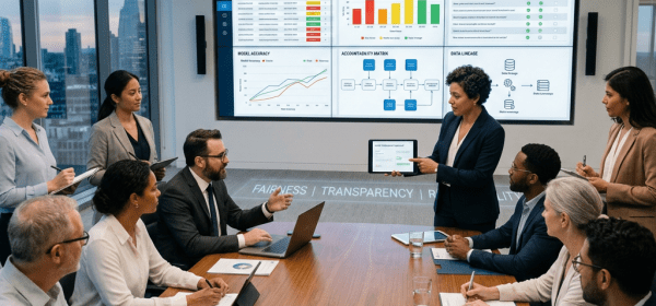Team meeting beneath an Enterprise AI Governance and Accountability Portal display