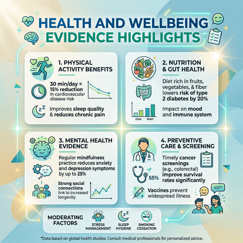 Infographic titled Health and Wellbeing Evidence Highlights covering physical activity, nutrition and gut health, mental health, preventive care, and moderating factors.
