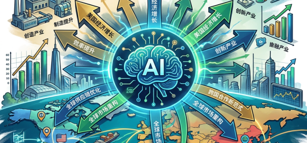 信息图：人工智能推动美国经济增长与全球市场重构，涵盖制造、创新、金融和跨国合作。
