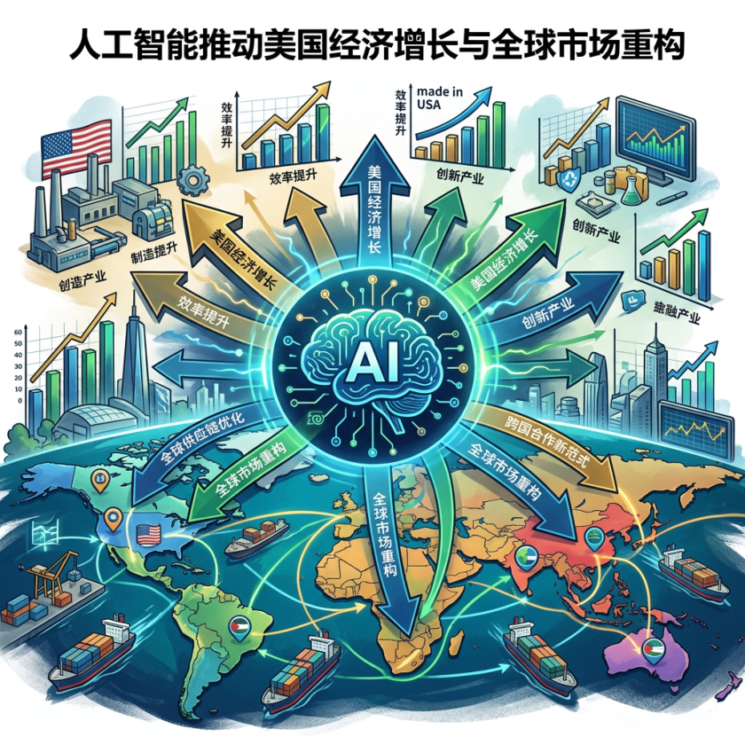 信息图：人工智能推动美国经济增长与全球市场重构，涵盖制造、创新、金融和跨国合作。