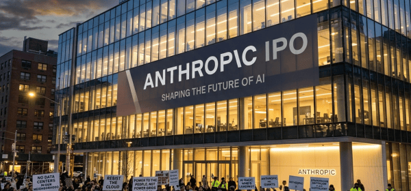 Crowd protesting outside Anthropic IPO building with signs and police