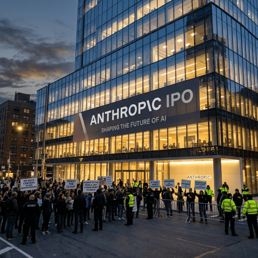 Crowd protesting outside Anthropic IPO building with signs and police