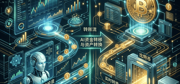 AI股票与比特币资金转移概念图，含交易图表、机器人和比特币符号