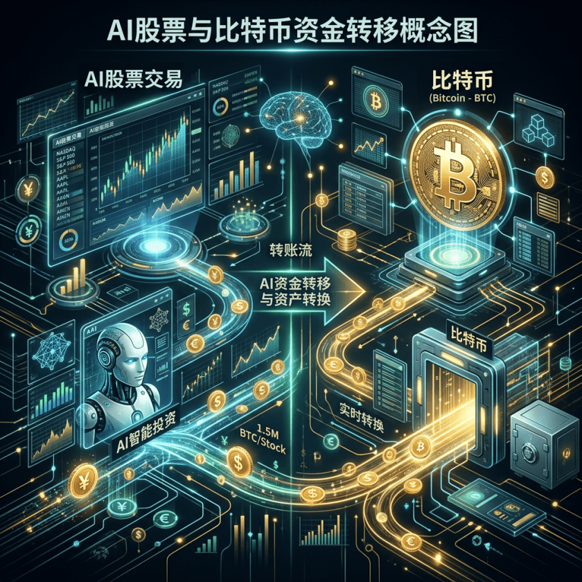 AI股票与比特币资金转移概念图，含交易图表、机器人和比特币符号