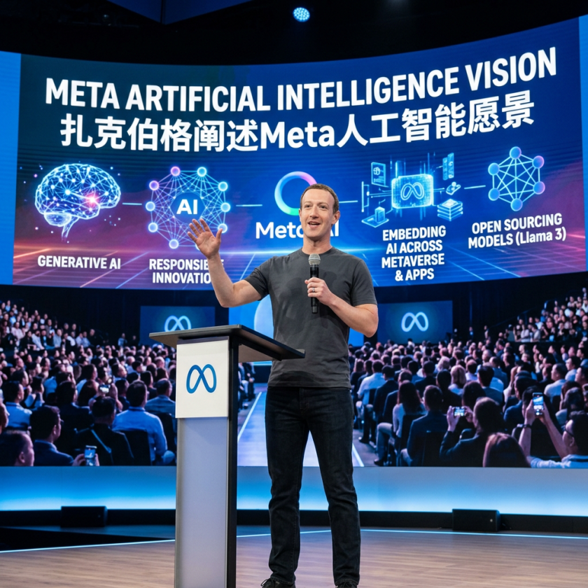 Mark Zuckerberg speaking beneath text: META ARTIFICIAL INTELLIGENCE VISION; 扎克伯格阐述Meta人工智能愿景; GENERATIVE AI; AI; RESPONSIBLE INNOVATION; Meta; EMBEDDING AI ACROSS METAVERSE & APPS; OPEN SOURCING MODELS (Llama 3).