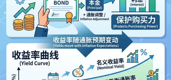 Infographic explaining inflation-linked bonds, inflation adjustment, and yield curves