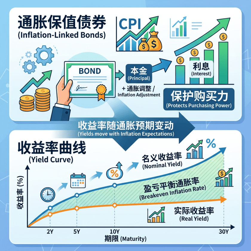 Infographic explaining inflation-linked bonds, inflation adjustment, and yield curves