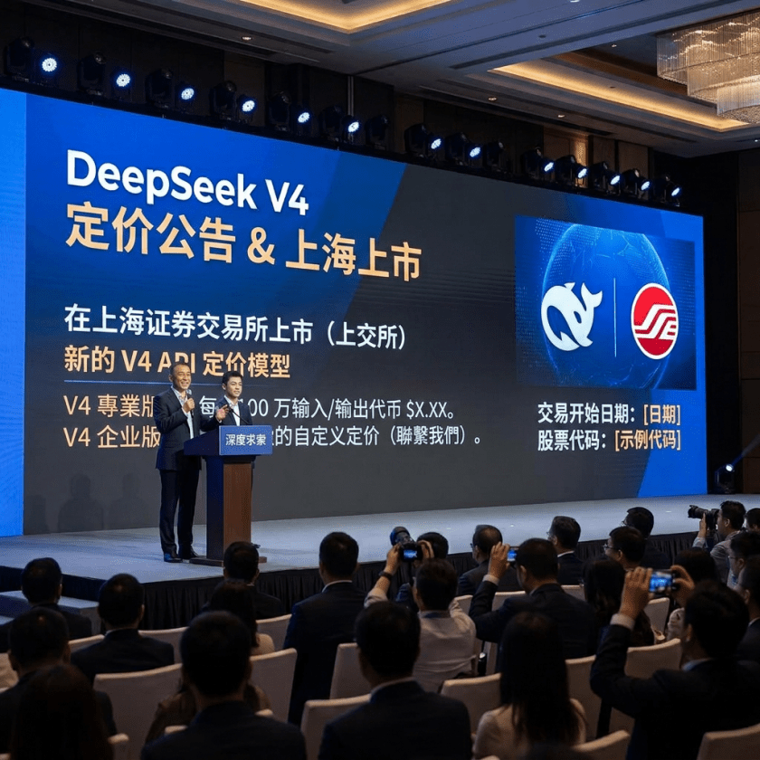 Stage screen reads “DeepSeek V4 PRICING ANNOUNCEMENT & SHANGHAI LISTING,” with pricing placeholders and “TRADING STARTS: [DATE] TICKER: [MOCK TICKER]”; two speakers address attendees.