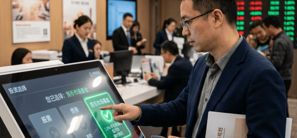 Man selecting 货币市场基金 on a touchscreen kiosk; bank displays show Chinese stock prices.