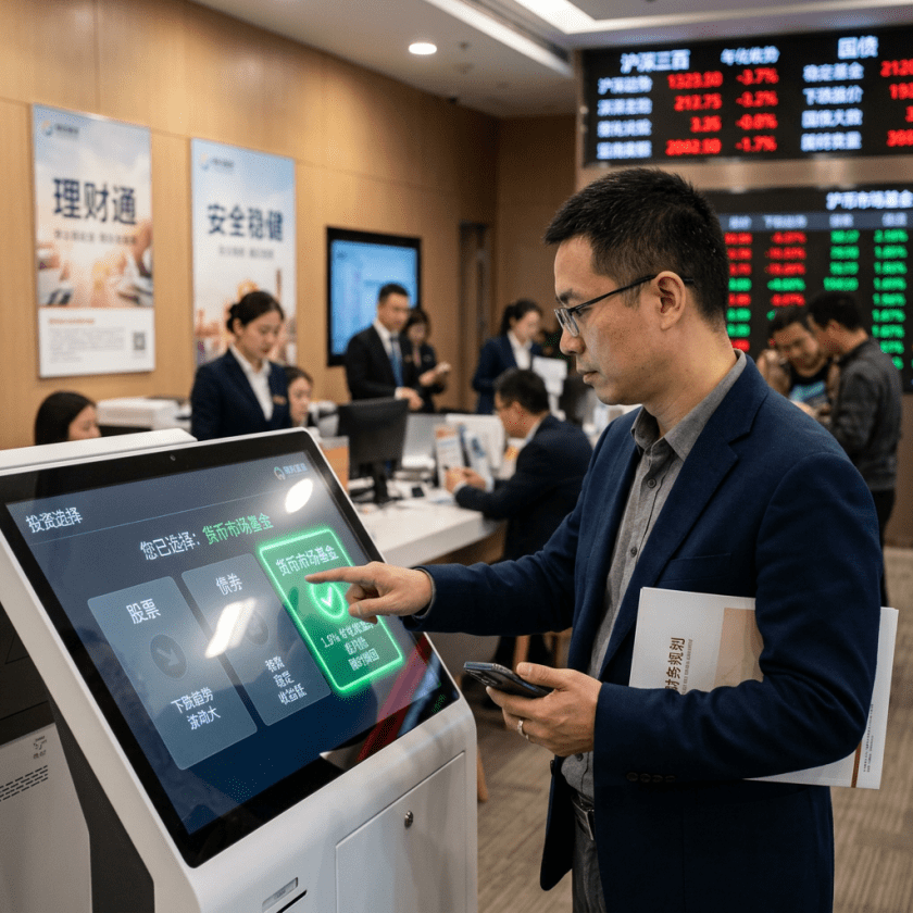 Man selecting 货币市场基金 on a touchscreen kiosk; bank displays show Chinese stock prices.