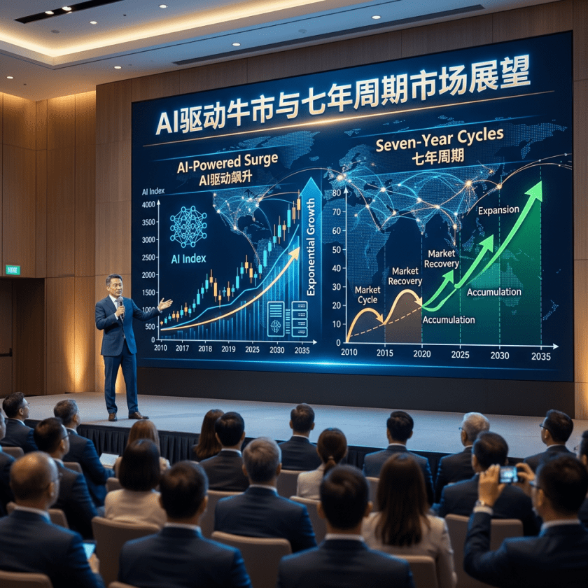 Speaker presenting AI growth and seven-year market cycle charts