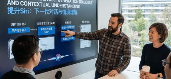 Presentation slide reading “IMPROVING SIRI: NEXT GENERATION DIALOGUE AND CONTEXTUAL UNDERSTANDING” with Chinese translation and workflow diagrams.