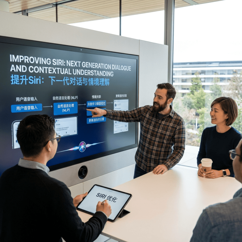 Presentation slide reading “IMPROVING SIRI: NEXT GENERATION DIALOGUE AND CONTEXTUAL UNDERSTANDING” with Chinese translation and workflow diagrams.