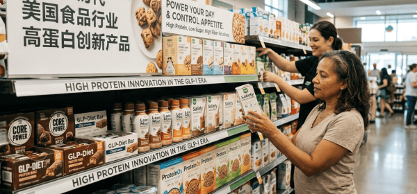 Two shoppers browse high-protein foods beneath a GLP-1 era promotional display