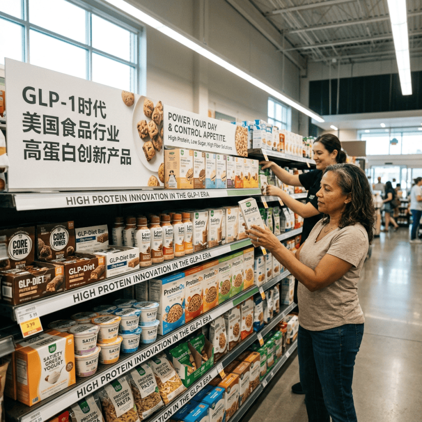 Two shoppers browse high-protein foods beneath a GLP-1 era promotional display