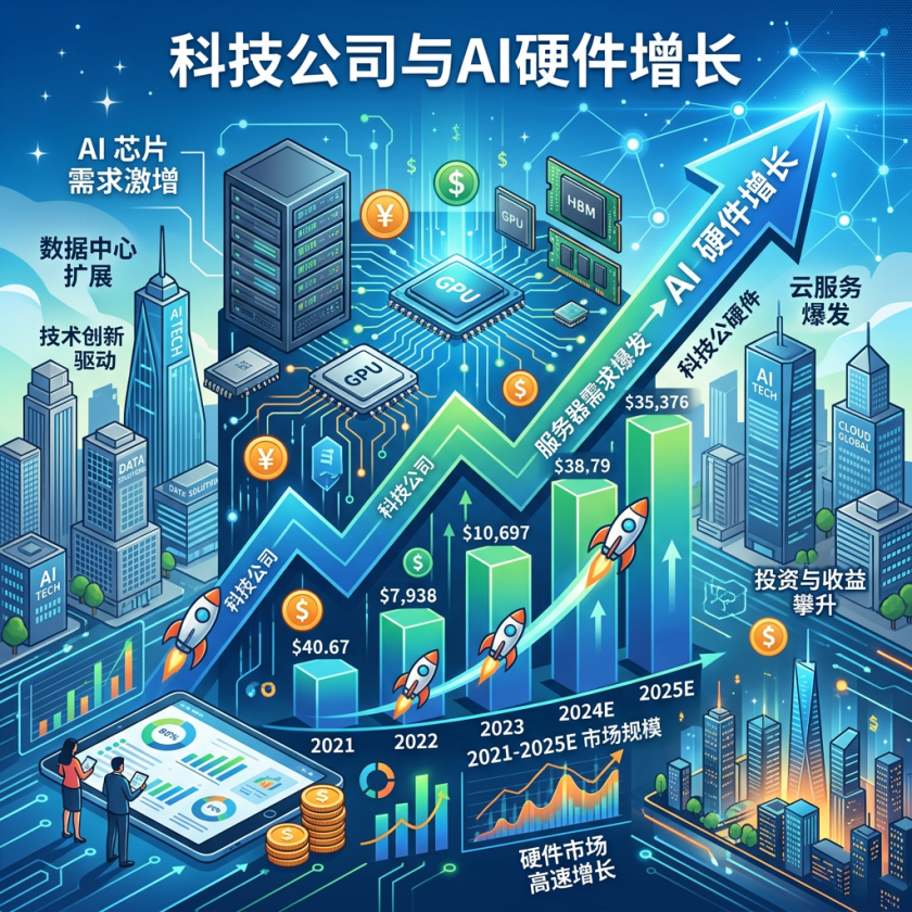科技公司与AI硬件增长信息图,含2021至2025E市场数据