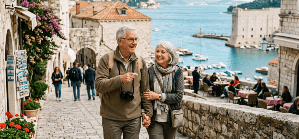 Older couple walking through a stone harbor town overlooking blue water