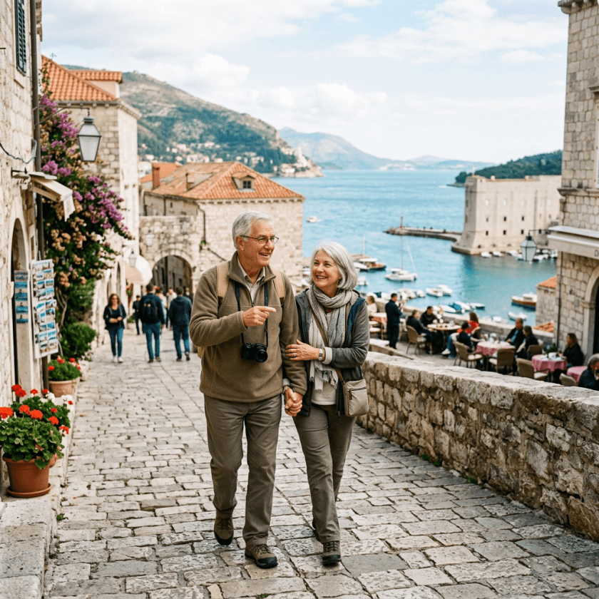 Older couple walking through a stone harbor town overlooking blue water