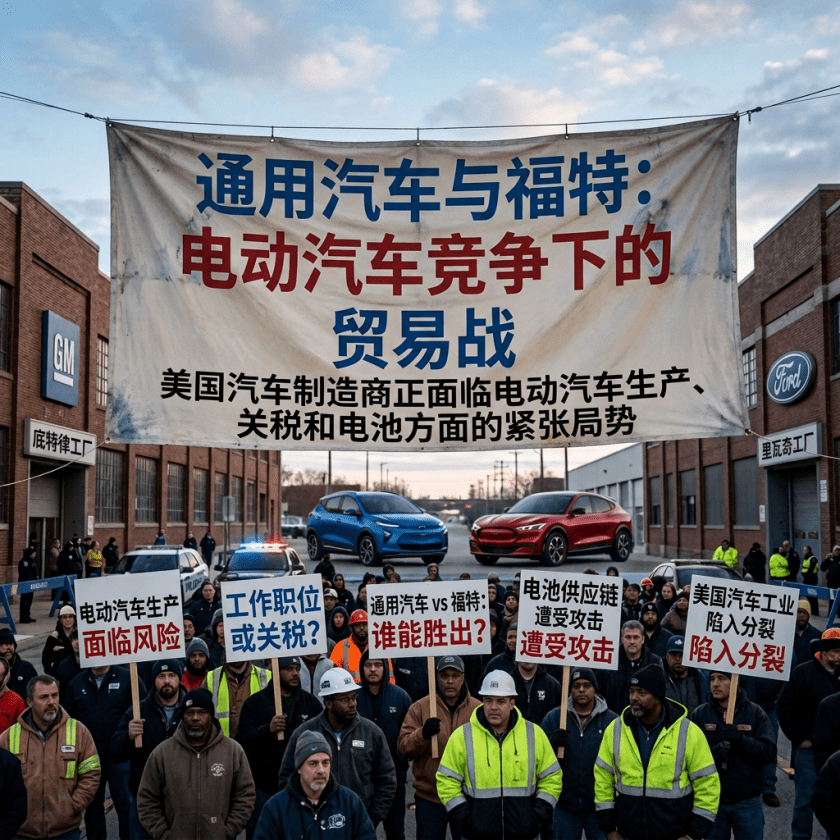 Crowd outside GM and Ford plants holding signs: “GM & FORD: TRADE WAR AMID EV RIVALRY,” “US AUTOMAKERS FACE TENSIONS OVER ELECTRIC VEHICLE PRODUCTION, TARIFFS & BATTERIES,” “EV PRODUCTION AT RISK,” “JOBS OR TARIFFS?,” “GM vs FORD: WHO WINS?,” “BATTERY SUPPLY CHAINS UNDER FIRE,” and “US AUTO INDUSTRY DIVIDED.”