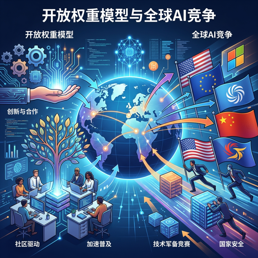 Illustration titled 开放权重模型与全球AI竞争 showing globe, flags, technology, and collaboration