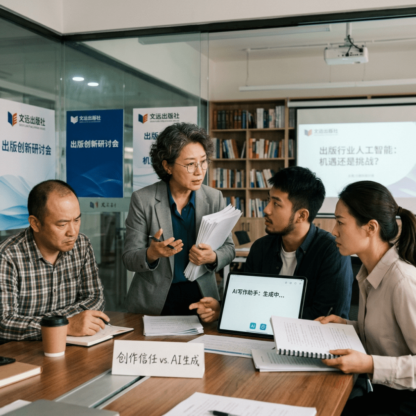 Publishing team discussing AI; signs read 出版创新研讨会, 出版行业人工智能：机遇还是挑战?, and 创作信任 vs. AI生成