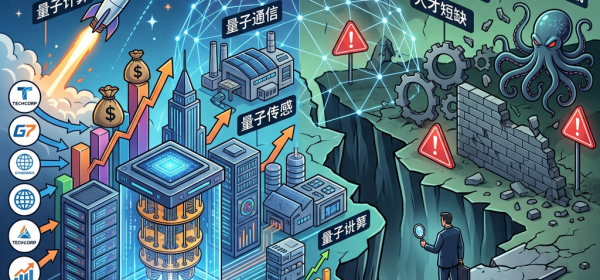 Illustration labeled 企业量子技术投资 and 未来风险, contrasting quantum computing, communication, and sensing investments with uncertainty, cybersecurity threats, regulation, talent shortages, and a fractured landscape.