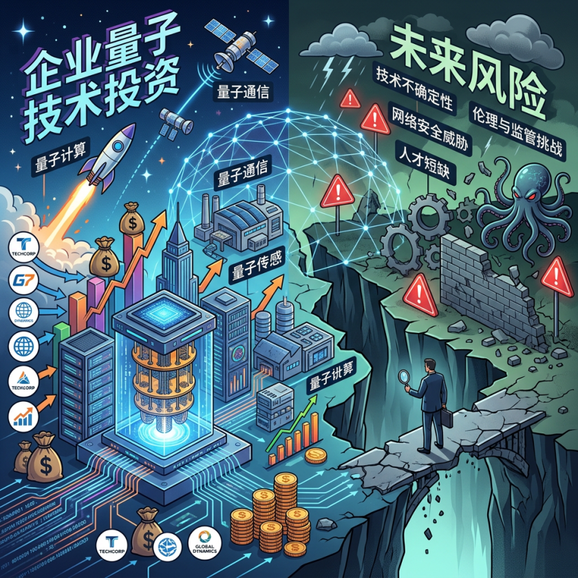 Illustration labeled 企业量子技术投资 and 未来风险, contrasting quantum computing, communication, and sensing investments with uncertainty, cybersecurity threats, regulation, talent shortages, and a fractured landscape.