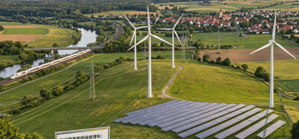 Rural German landscape with wind turbines, solar panels, train, EV chargers, and sign reading “EUROPEAN ENERGY INFRASTRUCTURE GROWTH: WIND & SOLAR PROJECTS IN GERMANY.”