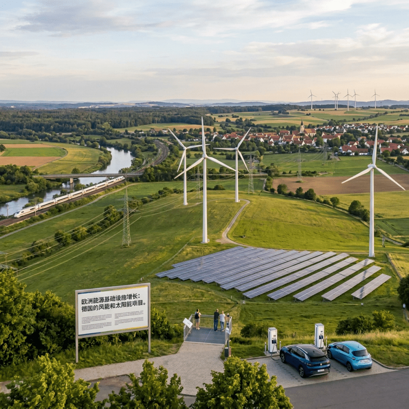 Rural German landscape with wind turbines, solar panels, train, EV chargers, and sign reading “EUROPEAN ENERGY INFRASTRUCTURE GROWTH: WIND & SOLAR PROJECTS IN GERMANY.”
